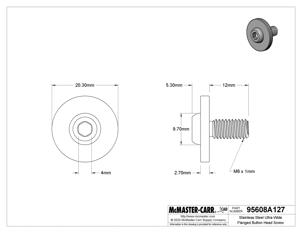 Technical Drawing of Stainless Steel Ultra-Wide Flanged Button Head Screw, M6 x 1 mm Thread Size, 12 mm Long.